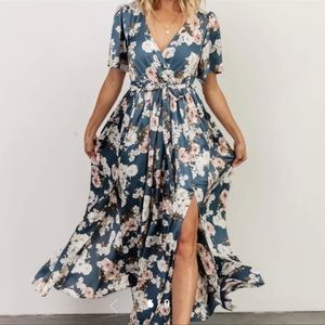 Baltic Born Sicily satin blue floral dress. Size L.